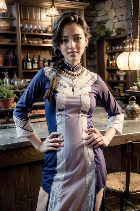 (realistic:1.3), finely detailed, quality, rembrandt lighting, (masterpiece:1.2), (photorealistic:1.2), (best quality), (detailed skin:1.3), (intricate details), dramatic, ray tracing, 1girl, 21 years old, detailed skin texture, (blush:0.5), (goosebumps:0.5), subsurface scattering, smiling, solo, brown hair, brown eyes, hair over shoulder, single braid, official dress, hand on hips, cowboy shot, (bright sunny day), <lora:yinger:1.2>