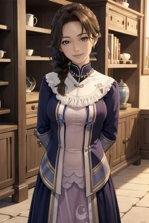 1girl, solo, brown hair, brown eyes, hair over shoulder, braid,, standing, arms behind back, smile, large breasts, ((official dress ))
<lora:yinger:0.7>