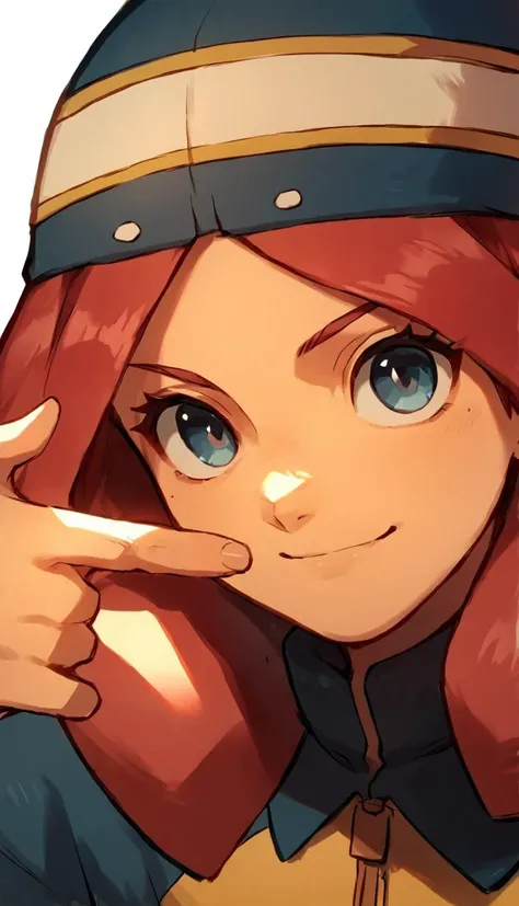score_9, score_8_up, score_7_up, score_6_up, score_5_up, score_4_up, source_anime, pose leaning forward, 1girl, zaizen touko, red hair, grey eyes, hat, blue eyes, pink hair, smile, <lora:Zaizen_Touko:0.8>, finger frame, <lora:finger_frame_xlpony_240406:1>