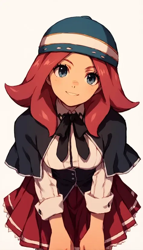 score_9, score_8_up, score_7_up, score_6_up, score_5_up, score_4_up, source_anime, pose leaning forward,, 1girl, zaizen touko, red hair, grey eyes, hat, blue eyes, pink hair, smile,  <lora:Zaizen_Touko:0.8>, kuohacademy, school uniform, black capelet, white shirt, black ribbon, neck ribbon, long sleeves, corset, red skirt, pleated skirt,  <lora:attire_kuohacademy_ponyXL:1>