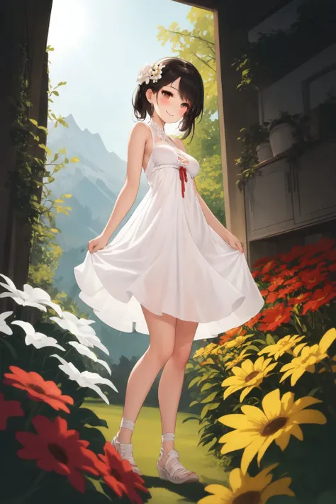 full body, solo, 1girl, looking down, smile, blush, small breasts, tennis dress, backlighting, Gerbera Ruby Red \(flower\), temperate alpine tundra <lora:gujianshaonu_style_v03:1>