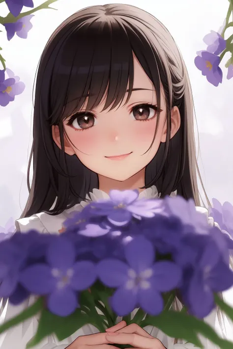 portrait, solo, 1girl, looking down, smile, blush, frontlighting, Canterbury Bells \(flower\), floral background <lora:gujianshaonu_style_v03:1>