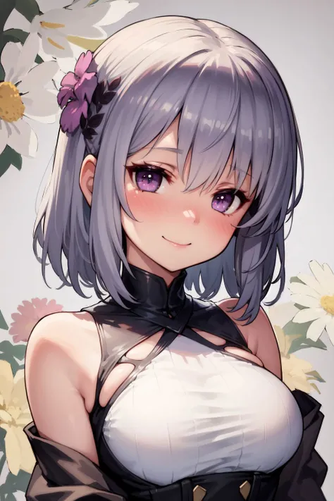 Convert your flower art into a hand-drawn illustration.、Create backgrounds with vibrant colors and unique touches　The type of flower is statice、Gypsophila、sweet pea、Mix in some lace flowers, arms behind back, portrait, face portrait, big breasts, cleavage, 