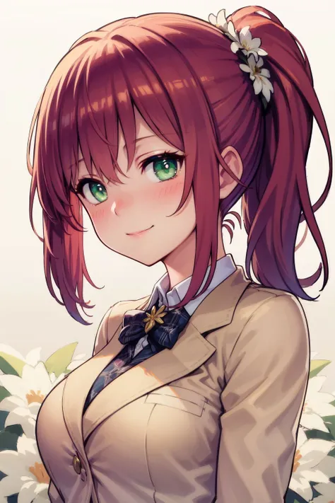 upper body, solo, 1girl, looking to the side, smile, blush, medium breasts, red hair, side ponytail, light green eyes, beautiful detailed face, ultra detailed eyes, beige blazer, backlighting, Blue_Lace_Flower \(flower\), floral background <lora:gujianshaonu_style_v04Unet:1>