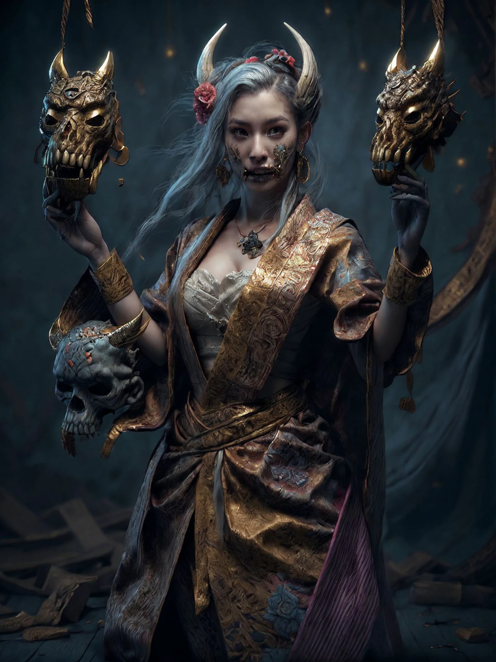 (photorealistic, high res, 4k, professional, edo), three quarter profile midbody body photo of an undead woman wearing a full kimono, detailed embroidery, (golden oni mask, tusks, frost, delicate, intricate, blue, jht), rich colors, elegant, necromancer, graveyard, bone,
(background old japan), mask, covered mouth,
<lora:FACE_biglips-v2:0.1>
<lora:GoodHands-vanilla:1> nice hands, perfect hand,
<lora:RSERomantic_RSESofiko_RSEEmma-v1:0.125>
<lora:FACE_epiCRealismHelper:0.3>
<lora:hairdetailer:1>
<lora:add_detail:0.5>
<lora:Lighting_LowRA(dark theme):0.25>
<lora:LIGHTING_epiNoiseoffset_v2:1>
<lora:jaw_hood_tooth:0.8>