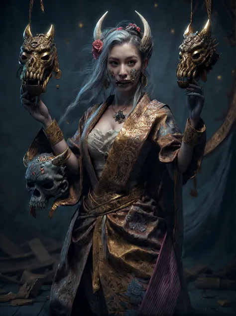 (photorealistic, high res, 4k, professional, edo), three quarter profile midbody body photo of an undead woman wearing a full kimono, detailed embroidery, (golden oni mask, tusks, frost, delicate, intricate, blue, jht), rich colors, elegant, necromancer, graveyard, bone, 
(background old japan), mask, covered mouth, 
<lora:FACE_biglips-v2:0.1>
<lora:GoodHands-vanilla:1> nice hands, perfect hand,
<lora:RSERomantic_RSESofiko_RSEEmma-v1:0.125>
<lora:FACE_epiCRealismHelper:0.3>
<lora:hairdetailer:1>
<lora:add_detail:0.5>
<lora:Lighting_LowRA(dark theme):0.25>
<lora:LIGHTING_epiNoiseoffset_v2:1>
 <lora:jaw_hood_tooth:0.8>