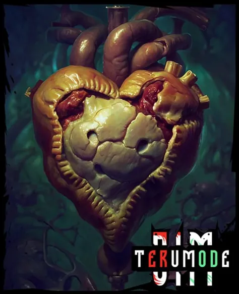art by (apterus:1.3). meat pie in the shape of a heart. (apterus creepy anatomy:1.2).