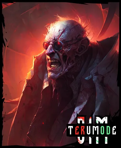 art horror by apterus. torn clothes with patterns, a old man screaming wearing glasses, against the background of a round red glow. apterus creepy anatomy