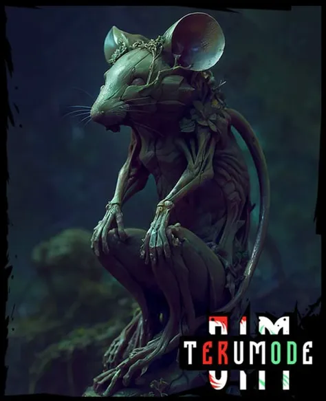art by (apterus:1.3). An ancient mouse statue overgrown with vegetation and flowers. Amazing anatomy, solid material, cracks, granite. (apterus creepy anatomy:1.2)