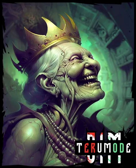 (illustration horror by apterus:1.2). In profile laughing old abstract queen with a crown on her head in the ancient temple. (apterus creepy anatomy:1.2).