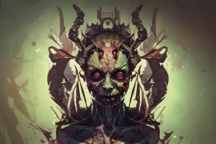 art horror by apterus. beautiful female zombie torn clothes with patterns, a creature with big head and small body, against the background of a round red glow. apterus creepy anatomy