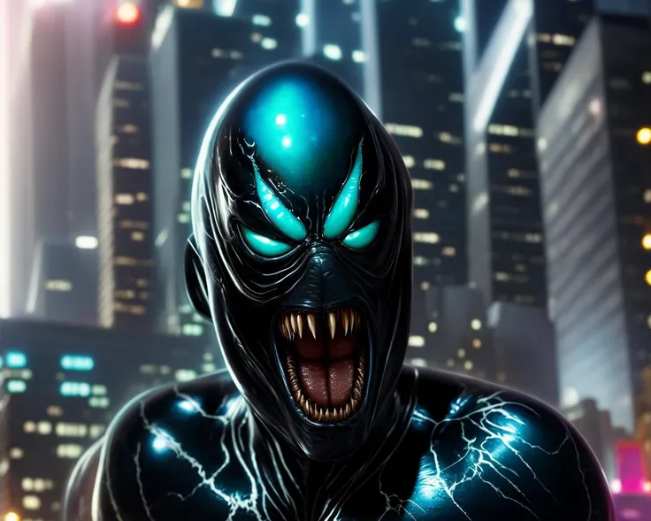 Venom from Marvel  cartoon, (spideman venom evil:1.0) , round shape head angry, hungry, detailed, white eyes, (white sharp tooths:0.5), fantasy, dreamlike, surrealism, super cute, trending on artstation  New York City background at night volumetric light bokeh, Venom from Marvel , evil , angry, hungry, detailed, white eyes, white sharp tooths, fantasy, dreamlike, surrealism, super cute, trending on artstation  New York City background at night volumetric light<lora:jackOChallengePoseLora_jackoposefront:1.0>
