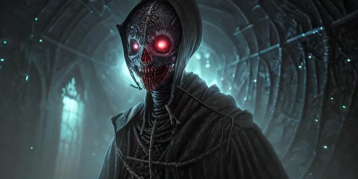 Raw Photo, a realistic close up photo of a necromancer in a hood and cloak, background is a an epic necropolis, sugar skull, bright glowing eyes, (highly detailed face:1.5), (highly detailed skin:1.4), dark, shiny metal, biomechanical, H.R. Giger, Lovecraft, Stranger things, terrifying, grunge textures,(art by rfktr_bontrex-150:1.1)
<lora:epiNoiseoffset_v2:0.35>