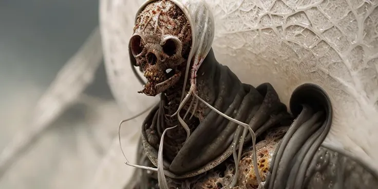 Raw Photo, a realistic close up photo of a necromancer in a hood and cloak, background is a an epic necropolis, bleached white sugar skull, bright glowing eyes, wings, (highly detailed face:1.5), (highly detailed skin:1.4), bright light, (bleached white:1.5), biomechanical, H.R. Giger, Lovecraft, Stranger things, terrifying, grunge textures,(art by rfktr_bontrex-150:1.1)
<lora:epiNoiseoffset_v2:0.35>