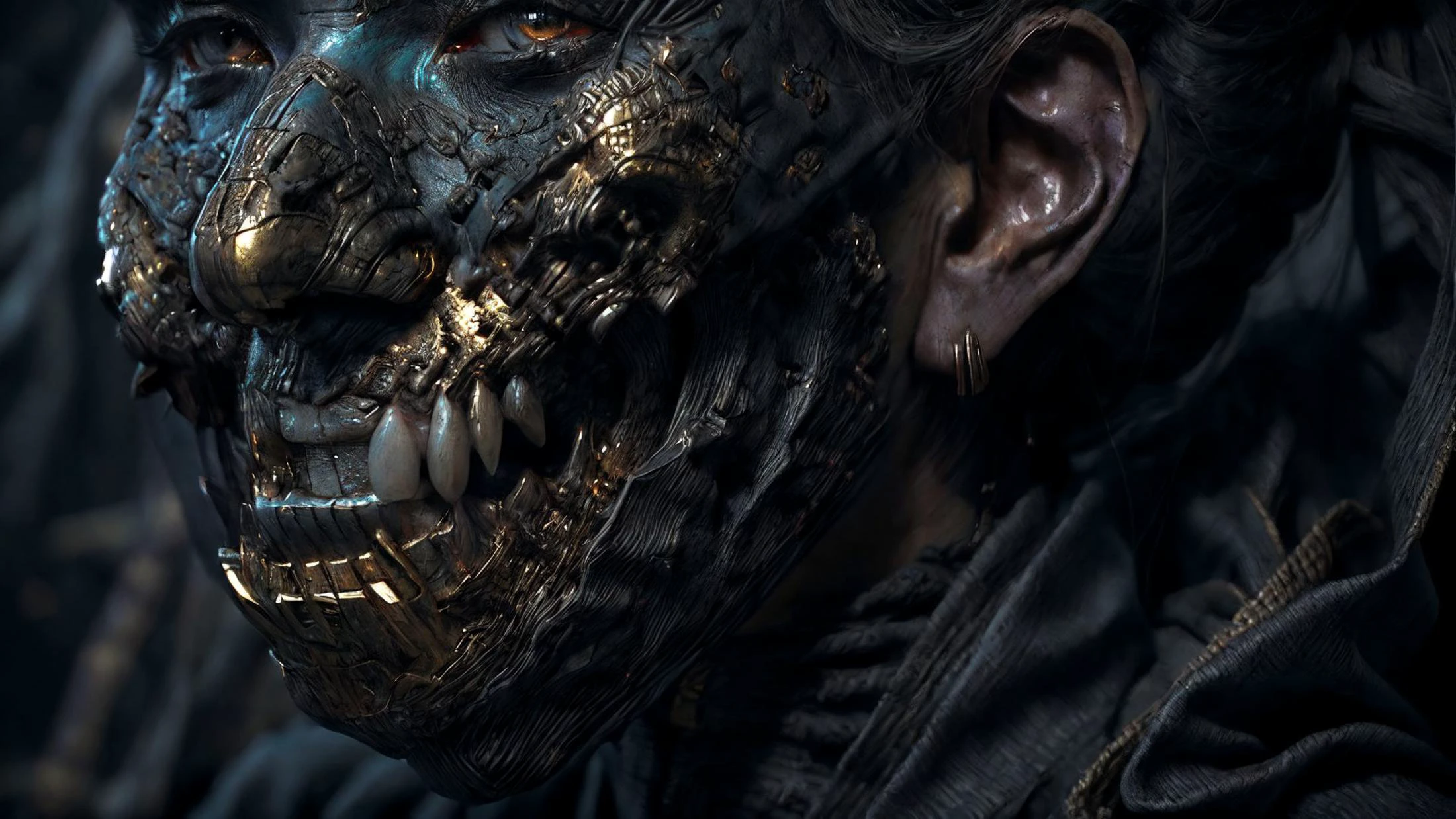 (photorealistic, high res, 4k, professional, edo), three quarter profile midbody body photo of an undead woman wearing a full kimono, detailed embroidery, (golden oni mask, tusks, frost, delicate, intricate, blue, jht), rich colors, elegant, necromancer, bone,(rfktr_bontrex-150:0.2), glowing eyes, mask, covered mouth, wings, (highly detailed face:1.5), (highly detailed skin),
(background old japan, bamboo forest, spectral:1.1), biomechanical, H.R. Giger, Lovecraft, Stranger things, terrifying, grunge textures,
<lora:FACE_biglips-v2:0.1>
<lora:GoodHands-vanilla:1> nice hands, perfect hand,
<lora:RSERomantic_RSESofiko_RSEEmma-v1:0.125>
<lora:FACE_epiCRealismHelper:0.3>
<lora:hairdetailer:1>
<lora:add_detail:0.5>
<lora:Lighting_LowRA(dark theme):0.25>
<lora:LIGHTING_epiNoiseoffset_v2:1>
<lora:jaw_hood_tooth:0.8>
