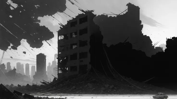 (landscape), 
[skull|building], (ruined cityscape:1.2), haunting, beautiful epic film noir,  beautiful epic Film Noir, epic black and white SHADOWS, by Andre Kohn, Carne Griffiths, Guido Crepax, and Milo Manara, masterpiece, 32k resolution, molecular precision, cold, frost, bleak, bleached bone, intricate, grim, 
(rfktr_bontrex-150:0.65),  (RFKTR_rootrex:0.35), 
<lora:LIGHTING_epiNoiseoffset_v2:0.75> 
<lora:add_detail:-0.5>