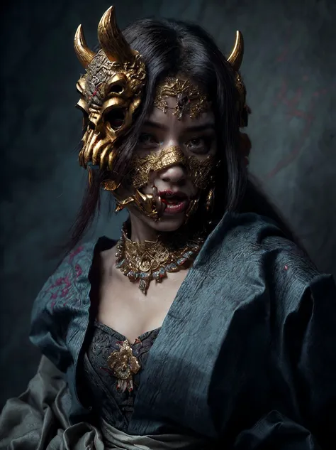 (photorealistic, high res, 4k, professional, edo), three quarter profile midbody body photo of an undead woman wearing a full kimono, detailed embroidery, (golden oni mask, tusks, frost, delicate, intricate, blue, jht), rich colors, elegant, necromancer, graveyard, bone, glowing eyes,
(background old japan), mask, covered mouth, 
<lora:FACE_biglips-v2:0.1>
<lora:GoodHands-vanilla:1> nice hands, perfect hand,
<lora:RSERomantic_RSESofiko_RSEEmma-v1:0.125>
<lora:FACE_epiCRealismHelper:0.3>
<lora:hairdetailer:1>
<lora:add_detail:0.5>
<lora:Lighting_LowRA(dark theme):0.25>
<lora:LIGHTING_epiNoiseoffset_v2:1>
 <lora:jaw_hood_tooth:0.8>