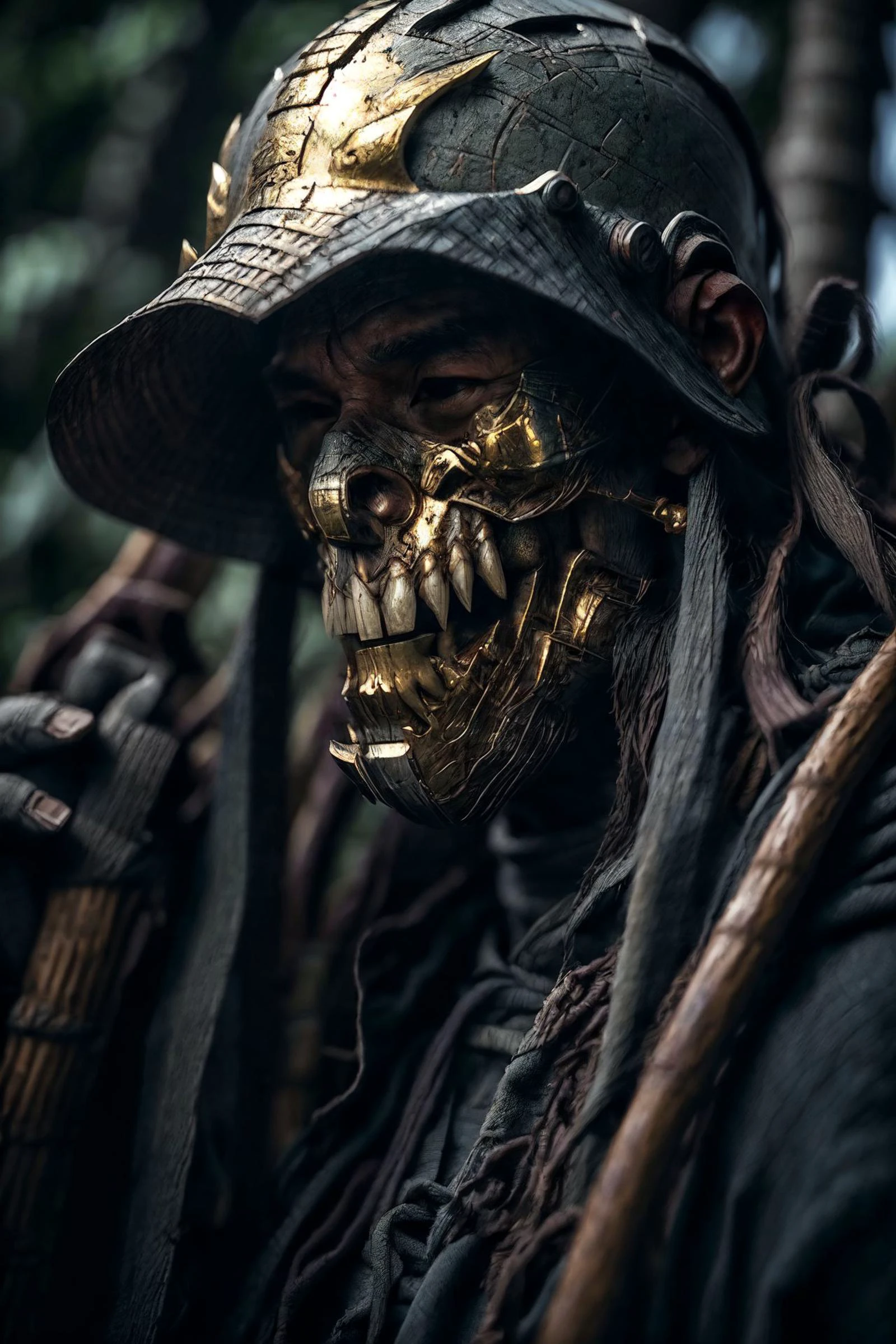 GS-Masculine, photorealistic, high res, 4k, professional, edo, (jht:1.2), 1boy, photo of a samurai wearing full armor in a Japanese village, detailed samurai helmet, full face mask, (golden oni mask, teeth, tusks, delicate, intricate, jewels, mask:1.1), rich colors, elegant, bone,(rfktr_bontrex-150:0.2), (highly detailed face, highly detailed skin),
(background old japan, bamboo forest, spectral:1.1), terrifying, deadly, menacing,
<lora:GoodHands-vanilla:1> nice hands, perfect hand,
<lora:hairdetailer:1>
<lora:add_detail:0.5>
<lora:Lighting_LowRA(dark theme):0.25>
<lora:LIGHTING_epiNoiseoffset_v2:1>
<lora:jaw_hood_tooth:0.8>
<lora:1_BODY_gender_slider_v1(-5 to 5):-3>