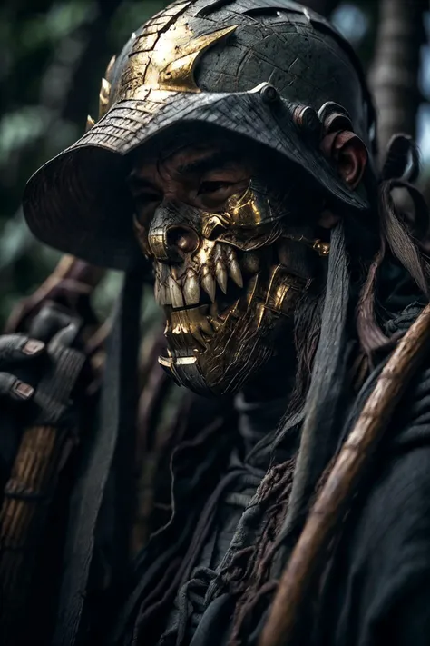 GS-Masculine, photorealistic, high res, 4k, professional, edo, (jht:1.2), 1boy, photo of a samurai wearing full armor in a Japanese village, detailed samurai helmet, full face mask, (golden oni mask, teeth, tusks, delicate, intricate, jewels, mask:1.1), rich colors, elegant, bone,(rfktr_bontrex-150:0.2),  (highly detailed face, highly detailed skin),
(background old japan, bamboo forest, spectral:1.1), terrifying, deadly, menacing, 
<lora:GoodHands-vanilla:1> nice hands, perfect hand,
<lora:hairdetailer:1>
<lora:add_detail:0.5>
<lora:Lighting_LowRA(dark theme):0.25>
<lora:LIGHTING_epiNoiseoffset_v2:1>
<lora:jaw_hood_tooth:0.8>
 <lora:1_BODY_gender_slider_v1(-5 to 5):-3>