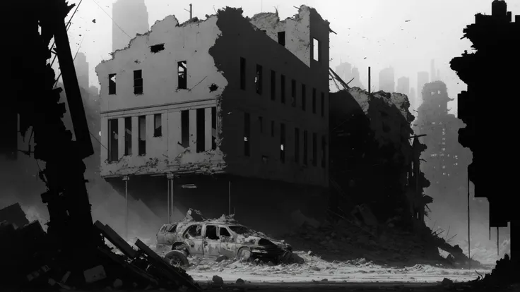 (landscape), 
[skull|building], (ruined cityscape:1.2), haunting, beautiful epic film noir,  beautiful epic Film Noir, epic black and white SHADOWS, by Andre Kohn, Carne Griffiths, Guido Crepax, and Milo Manara, masterpiece, 32k resolution, molecular precision, cold, frost, bleak, bleached bone, intricate, grim, 
(rfktr_bontrex-150:0.65),  (RFKTR_rootrex:0.35), 
<lora:LIGHTING_epiNoiseoffset_v2:0.75> 
<lora:add_detail:-0.5>