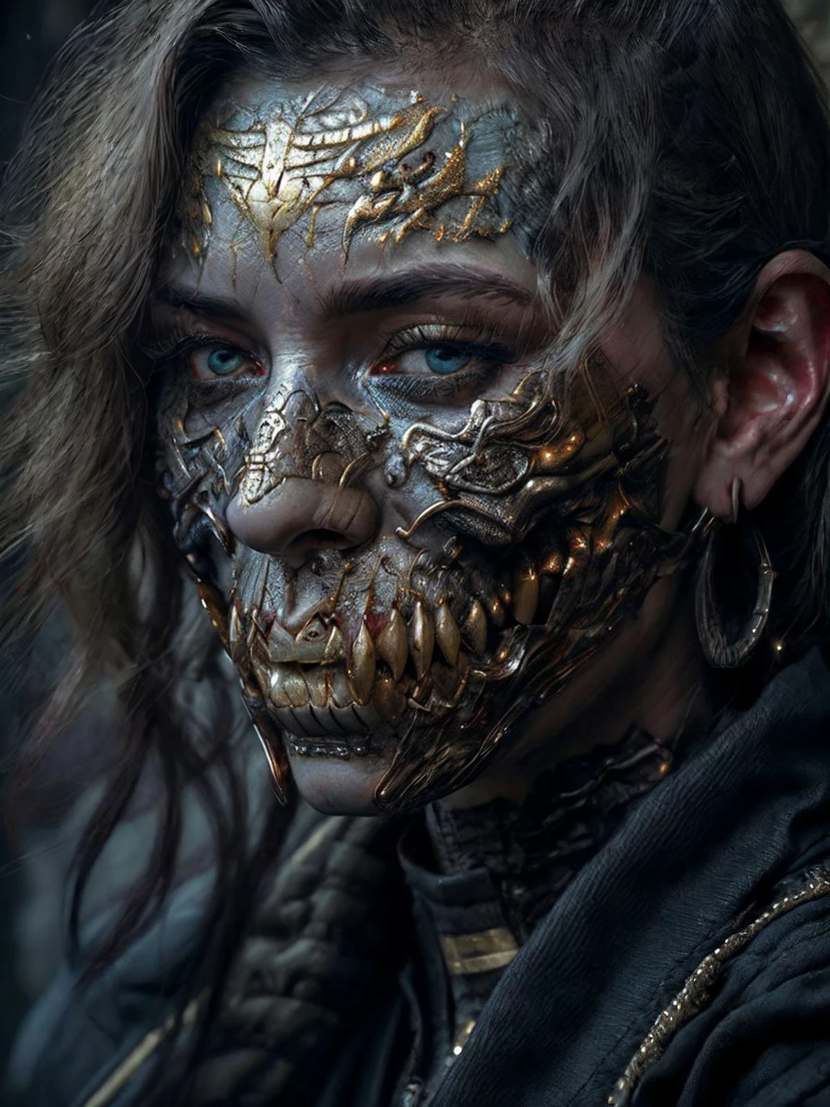 (photorealistic, high res, 4k, professional, edo), three quarter profile midbody body photo of an undead woman wearing a full kimono, detailed embroidery, (golden oni mask, tusks, frost, delicate, intricate, blue, jht), rich colors, elegant, necromancer, bone,(rfktr_bontrex-150:0.125), glowing eyes, mask, covered mouth, wings, (highly detailed face:1.5), (highly detailed skin),
(background old japan, bamboo forest, spectral:1.1), biomechanical, H.R. Giger, Lovecraft, Stranger things, terrifying, grunge textures,
<lora:FACE_biglips-v2:0.1>
<lora:GoodHands-vanilla:1> nice hands, perfect hand,
<lora:RSERomantic_RSESofiko_RSEEmma-v1:0.125>
<lora:FACE_epiCRealismHelper:0.3>
<lora:hairdetailer:1>
<lora:add_detail:0.5>
<lora:Lighting_LowRA(dark theme):0.25>
<lora:LIGHTING_epiNoiseoffset_v2:1>
<lora:jaw_hood_tooth:0.8>