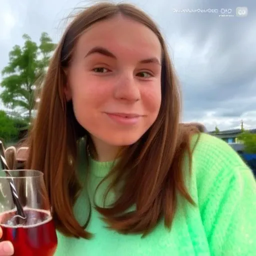 smile, green sweater, brown hair, outdoors, 1girl, freckles, looking at viewer, long hair, white shirt, holding cup