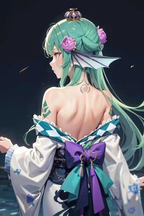 masterpiece, best quality, absurdres, perfect anatomy, 1girl, solo, finana1st, neck tattoo, hair flower, crown, aurora, back, bare back, bare shoulders, bow, constellation, crescent moon, (facing away:1.3), fireworks, from behind, hair ornament, japanese clothes, kimono, light particles, long sleeves, off shoulder, <lora:spfinanaRyugu:0.8>
