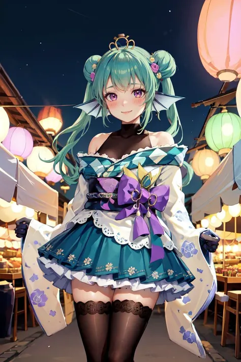 masterpiece, best quality, absurdres, perfect anatomy, 1girl, solo, finana2st, twintails, tiara, purple bow, hair flower, white kimono, obi, sash, black bodysuit, green skirt, white thighhighs, outdoors, night, festival, food stalls, paper lanterns, firework, smile, blush, arms behind back, <lora:spfinanaRyugu:0.8>