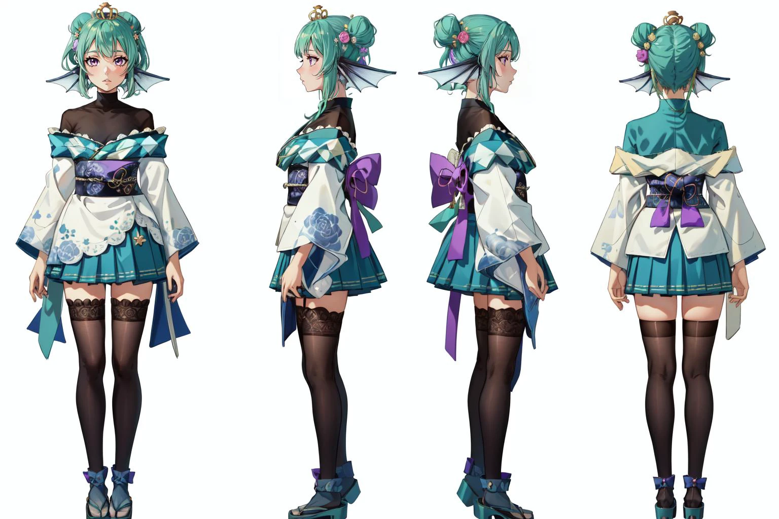 (masterpiece, best quality), intricate details,
1girl, <lora:spfinanaRyugu-09:0.8> finana2st, twintails, tiara, purple bow, hair flower, white kimono, obi, sash, black bodysuit, green skirt, white thighhighs,
simple background, reference sheet, multiple views,