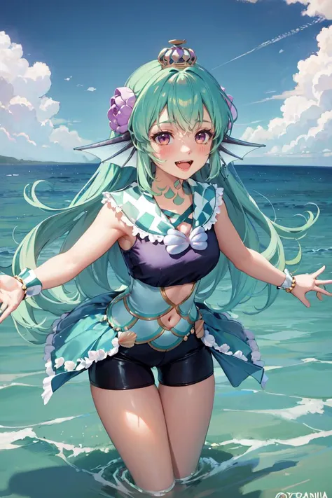 masterpiece, best quality, absurdres, perfect anatomy, 1girl, solo, finana1st, neck tattoo, hair flower, navel cutout, seashell, crown, frilled sailor collar, bike shorts, showgirl skirt, wrist cuffs, outdoors, ocean, wading, spread arms, smile, :d, blush, <lora:spfinanaRyugu:1.0>
