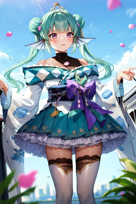 masterpiece, (detailed, highres, best quality), 1girl, <lora:spfinanaRyugu-09:1> finana2st, twintails, tiara, purple bow, hair flower, white kimono, obi, sash, black bodysuit, green skirt, white thighhighs, blue sky, blurry, blurry foreground, cityscape, cloud, cloudy sky, day, depth of field, house, moe2019, outdoors, petals, sky