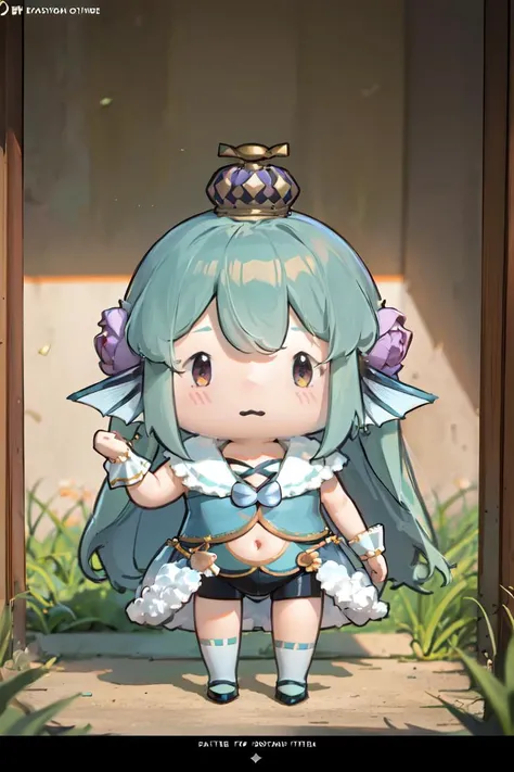 masterpiece, best quality, absurdres, perfect anatomy, 1girl, solo, chibi, finana1st, neck tattoo, hair flower, navel cutout, seashell, crown, frilled sailor collar, bike shorts, showgirl skirt, wrist cuffs, <lora:spfinanaRyugu:1.0>, <lora:style_walfie:1.1>