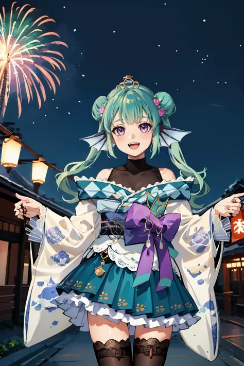masterpiece, best quality, <lora:spfinanaRyugu-09:1> finana2st, twintails, tiara, purple bow, hair flower, white kimono, obi, sash, black bodysuit, green skirt, white thighhighs, japanese architecture, night sky, fireworks, cowboy shot, looking at viewer, :D