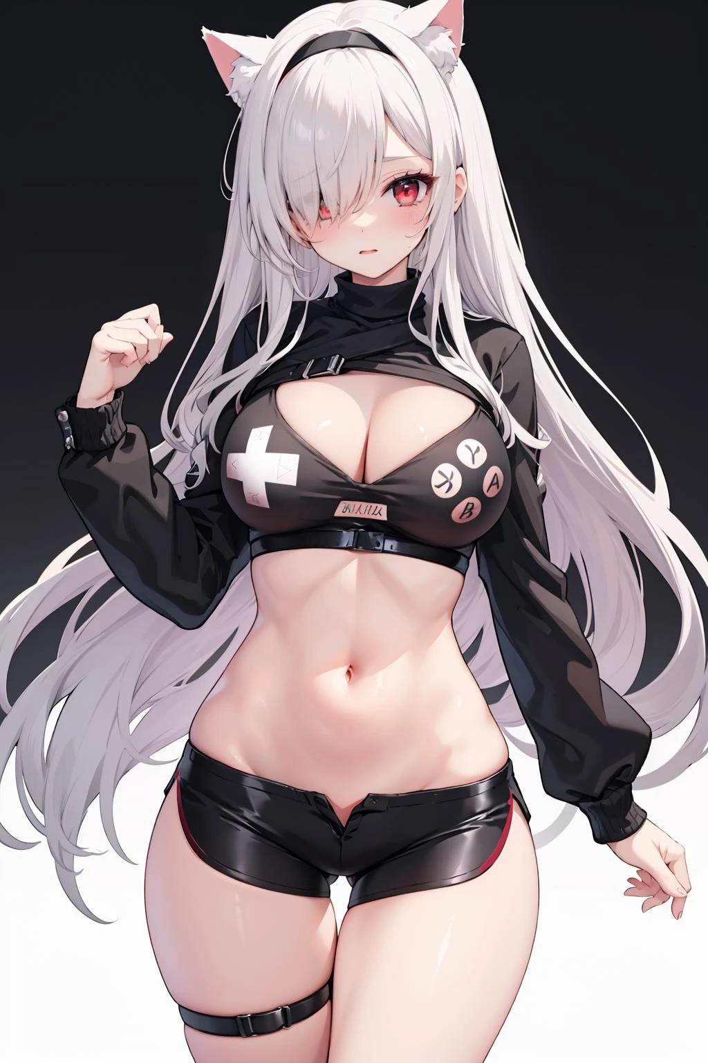 <lora:GameController092602:0.9> ,game controller print, 1girl, solo, breasts, long hair, cat ears,red eyes, thigh strap, hair over one eye, large breasts, animal ears, navel, stomach, cleavage, black hairband, midriff, shrug \(clothing\), cowboy shot, crop top, long sleeves, short shorts, very long hair, ass visible through thighs, thighs, black shirt, looking at viewer, black shorts, standing, white background, simple background, white hair, bangs, thigh gap,black shirt,