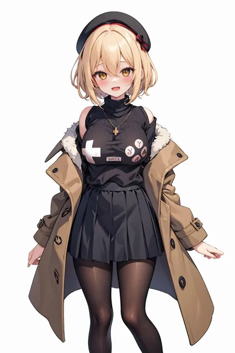 <lora:GameController092602:0.9> ,game controller print, 1girl, breasts, solo, pantyhose, hat, blonde hair,, sweater, large breasts, jewelry, looking at viewer, , black pantyhose, beret, short hair, smile, necklace, simple background, cross, open mouth, coat, brown eyes, feet out of frame, bare shoulders, off shoulder, bangs, hair between eyes, skirt, brown coat, standing, turtleneck, blush, black sweater, ribbed sweater, yellow eyes