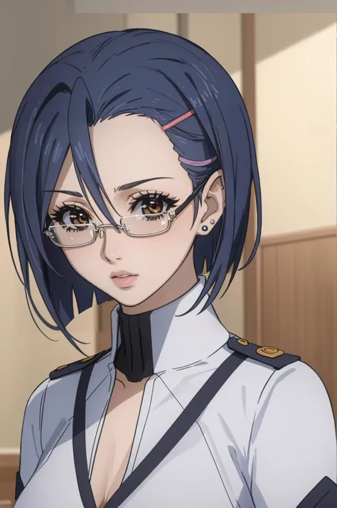 masterpiece, best quality, <lora:SpaceBattleshipYamato2199_NiimiKaoru:0.8> NiimiKaoru, blue hair, short hair, brown eyes, hairclip, lips, stud earrings, semi-rimless eyewear