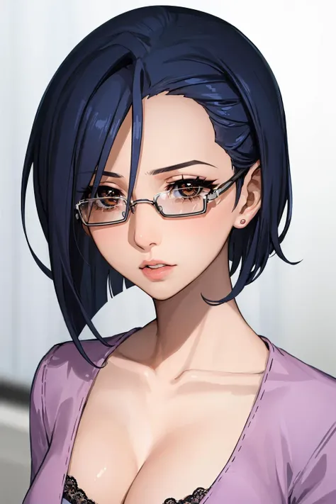 (best quality, masterpiece:1.2), ultra detailed face, 1girl, <lora:SpaceBattleshipYamato2199_NiimiKaoru:0.9>, niimi kaoru, short hair, blue hair, glasses, brown eyes, medium breasts, long eyelashes,
(looking at viewer:1.2),
face focus, upper body, pink lips, makeup, mascara,