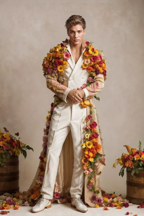 (full body) dynamic pose, minimalist, male focus, surreal photo of <lora:LarsNorgaard:0.85 > LarsNorgaard, relaxed natural expression, BREAK heroic, charming, regal <lora:Clothing - Flower Armor:0.8> flower4rmor tailored couture suit, Autumn Harvest Burgundy chrysanthemums orange roses and yellow calla lilies Maple leaves and hypericum berries Raffia ribbon and pine cones rich earthy colors and natural accents BREAK (dreamy and moody aesthetic), soft diffused natural lighting, shot by David LaChapelle