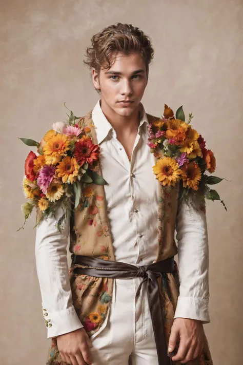 flower4rmor, photo of a Australian man wearing flower coat, fantasy medieval city background, dynamic movement, street, shirts, pants, realistic, masterpiece, intricate details, detailed background, depth of field,