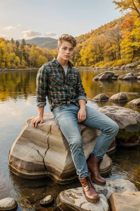 edge of a tranquil lake, forested hill in background, fall foliage, ((sitting on a boulder)), LarsNorgaard, wearing flannel shirt, jeans, boots, masterpiece, (((full body portrait))), wide angle, <lora:LarsNorgaard:0.8>