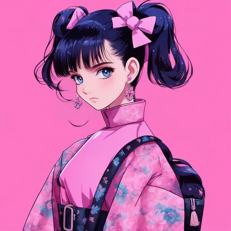 <lora:yingbo:0.9>,mn,1girl,solo,black hair,jewelry,pink background,earrings,bangs,simple background,upper body,bow,looking at viewer,hair bow,ponytail,long hair,bag,blue eyes,pink eyes,long sleeves,pink bow,floral print,blunt bangs,