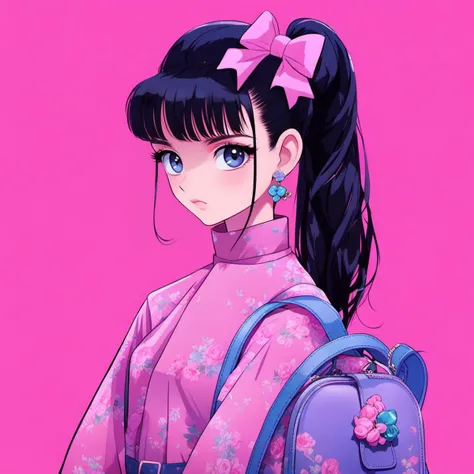 <lora:yingbo:0.9>,mn,1girl,solo,black hair,jewelry,pink background,earrings,bangs,simple background,upper body,bow,looking at viewer,hair bow,ponytail,long hair,bag,blue eyes,pink eyes,long sleeves,pink bow,floral print,blunt bangs,