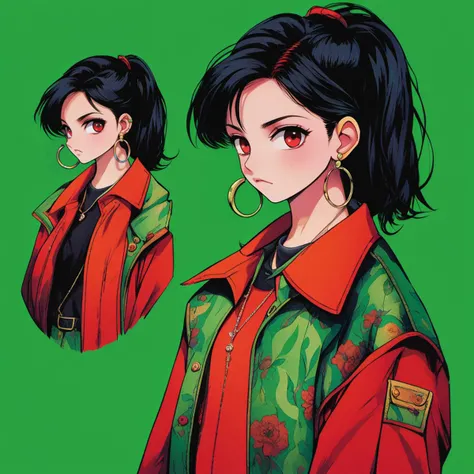 <lora:yingbo:0.9>,mn,1girl,solo,black hair,jewelry,long hair,earrings,shirt,hoop earrings,piercing,looking at viewer,upper body,simple background,collared shirt,red eyes,ear piercing,green jacket,jacket,red background,orange background,necklace,print shirt,