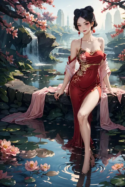 NSFW, Realistic super nasty fox woman, Big, A priestess sitting on the door of the shrine's torii, Fluffy priestess uniform, full bodyesbian, Angular eyes, Hair between the eyes, hair messy, Gentle and attractive, Bare shoulders, delicate sexy collarbone, full - length photo, charming oval face, Double eyelids, Small nose, Noble, hyper HD, Super detail, Elegant posture, glistning skin, Wear sweat, emphasizing thighs and crotch, camel-toe