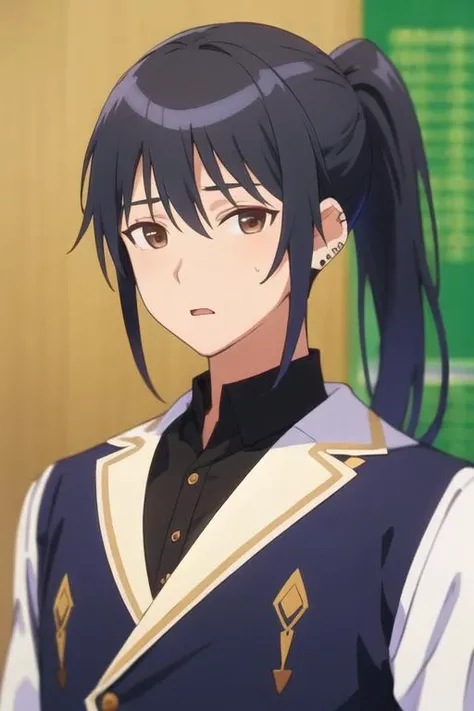 masterpiece, best quality, wallpaper, 1boy, solo, male focus, looking at viewer, upper body, , <lora:masahiro_adachi:0.64>, masahiro_adachi, black hair, brown eyes, ponytail, renaissance costume, ,