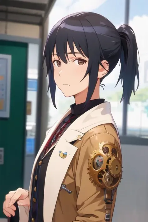 masterpiece, best quality, photorealistic, 1boy, solo, male focus, looking at viewer, upper body, depth of field, <lora:masahiro_adachi:0.72>, masahiro_adachi, black hair, brown eyes, ponytail, , steampunk,
