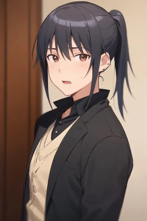 masterpiece, best quality, sketch, 1boy, solo, male focus, looking at viewer, upper body, depth of field, <lora:masahiro_adachi:0.64>, masahiro_adachi, black hair, brown eyes, ponytail, dracula costume, ,