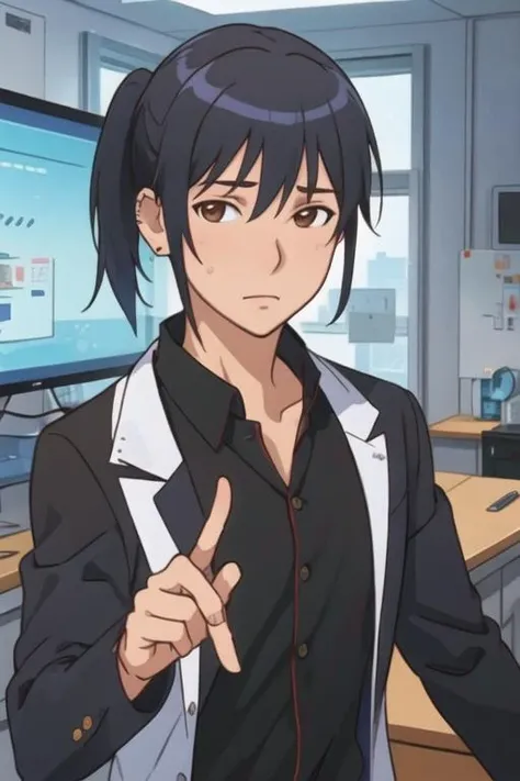 masterpiece, best quality, game cg, 1boy, solo, male focus, looking at viewer, upper body, , <lora:masahiro_adachi:0.66>, masahiro_adachi, black hair, brown eyes, ponytail, businessman costume, science fiction xenopunk,