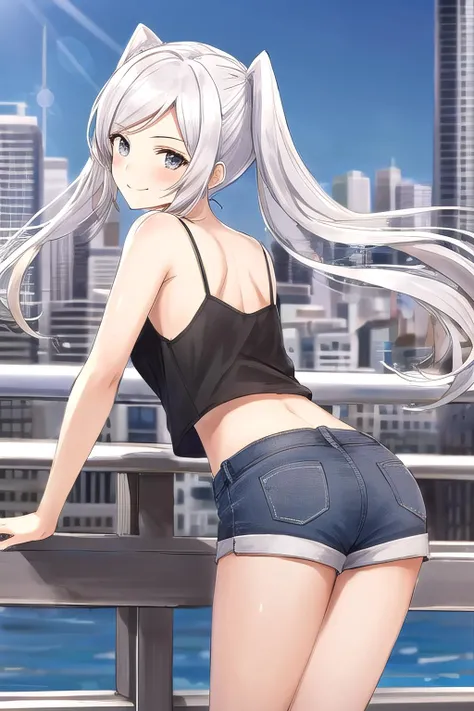 <lora:2f-robin-10:0.8>, robin fe, 1girl, solo, looking at viewer, shorts, white tank top, spaghetti strap, city background, bent over, smirk, cowboy shot, midriff