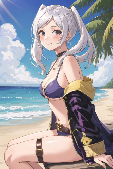 <lora:2f-robin-10:0.8>, robin fe, 1girl, solo, looking at viewer, beach background, purple bikini, o-ring bikini, belt, thigh strap, seductive smile, blush, white hair, off shoulder, sitting, from side